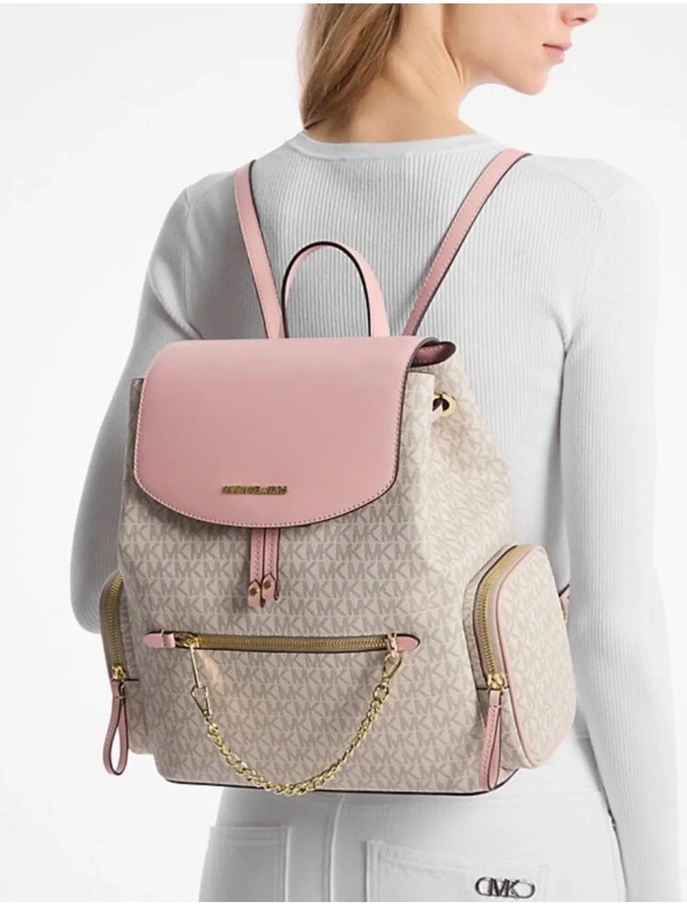 Michael KORS Jet Set Signature Pink Coated Canvas Drawstring Backpack Gold Chain